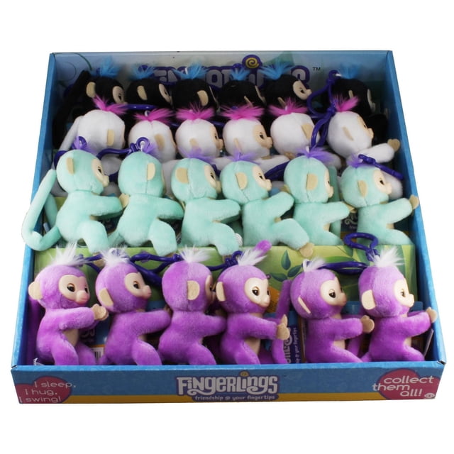 Fingerlings Jouets en Peluche à Pince Présentés dans une Boîte Bleue avec des Rangées de Petits Singes en Peluche Duveteux en Noir, Blanc, Vert Menthe et Violet, Chacun avec une Pince à Attacher aux Doigts Ou aux Sacs à Dos, Convenant comme Jouets en Peluche de Collection.