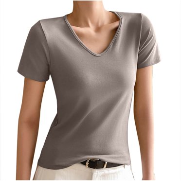 Plebaso T-Shirts à Col en V pour Femmes, Manches Courtes Décontractées, Hauts Ajustés, Unis, Été, T-Shirts Basiques pour Femmes, Chemisiers
