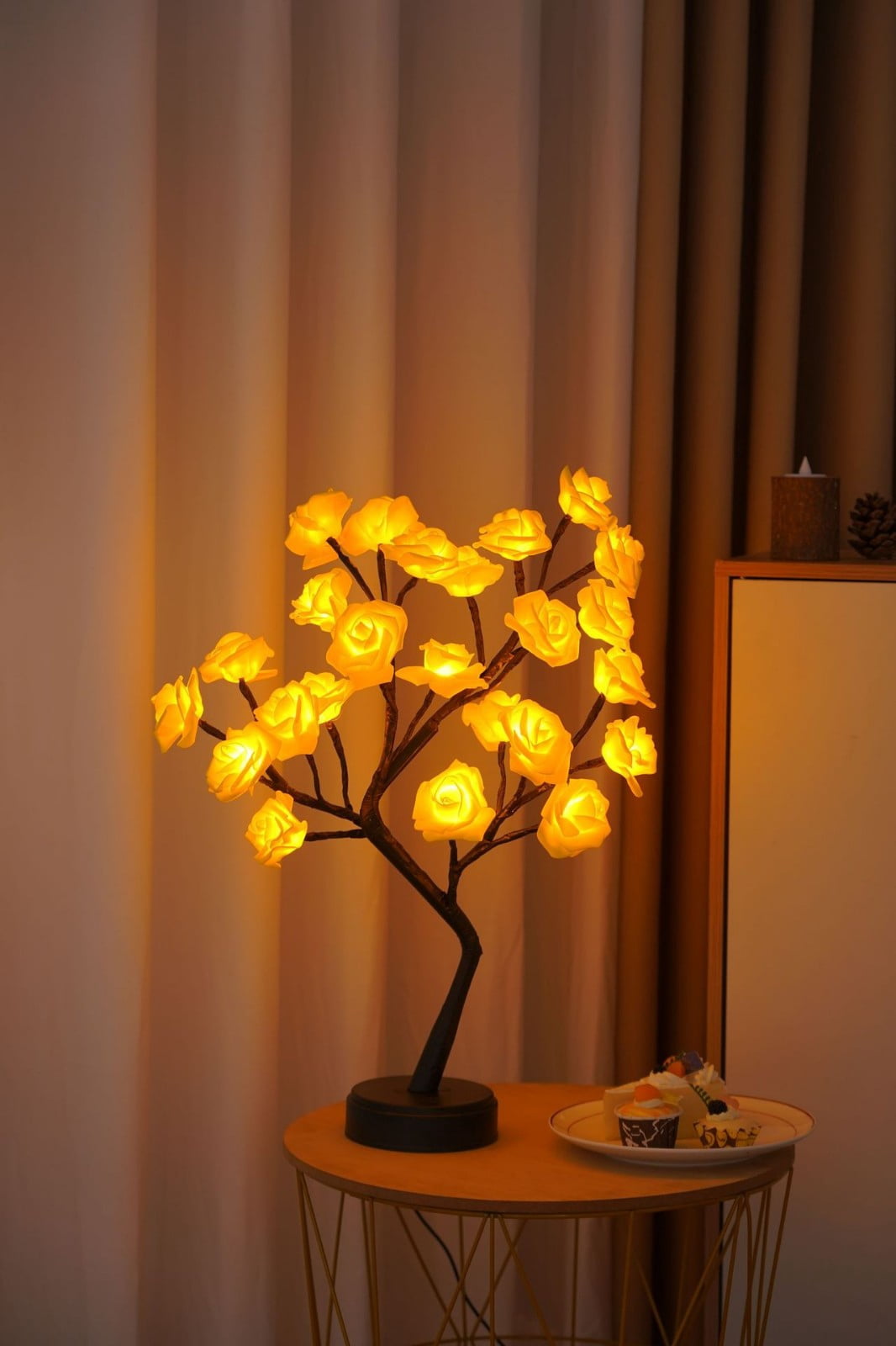 Boovnll Desk Lamp, Rose Flower Table Tree Light 24 Leds Desk Top Bonsai Lighted Tree Battery Operated Usb Plug Powered Tree Table Lamp Rose Flower Desk Tree Lamp for Home Party We, Table Lamp