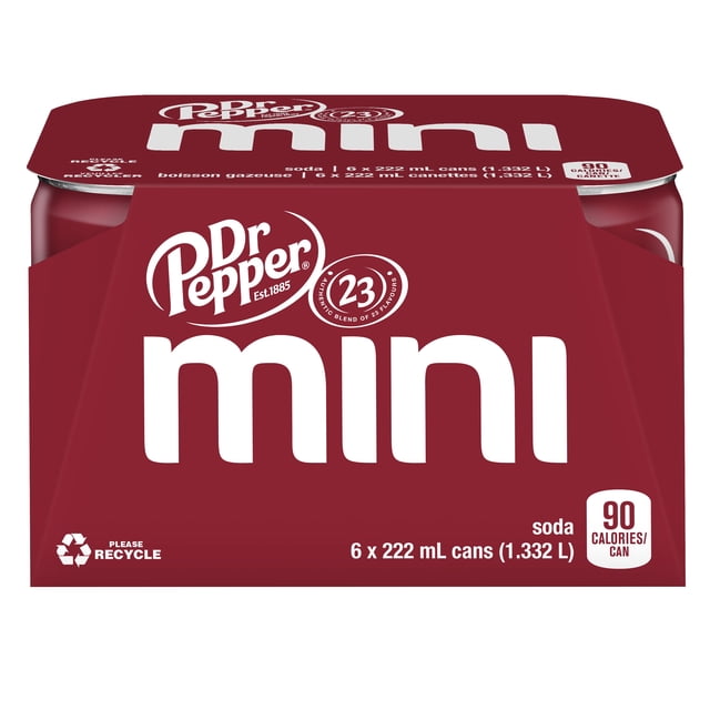 Dr Pepper Soda 6 x 222 mL, Mini Cans pack featuring six maroon cans with the Dr Pepper logo and 'mini' in bold white letters, highlighting the signature blend of 23 flavors and 90 calories per can, ideal for enjoying a refreshing cola soft drink anytime.
