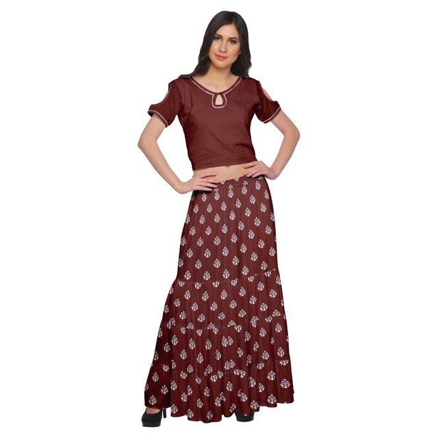 Moomaya Printed Two Piece Flared Skirt And Crop Top Rayon Ethnic Set For Girls