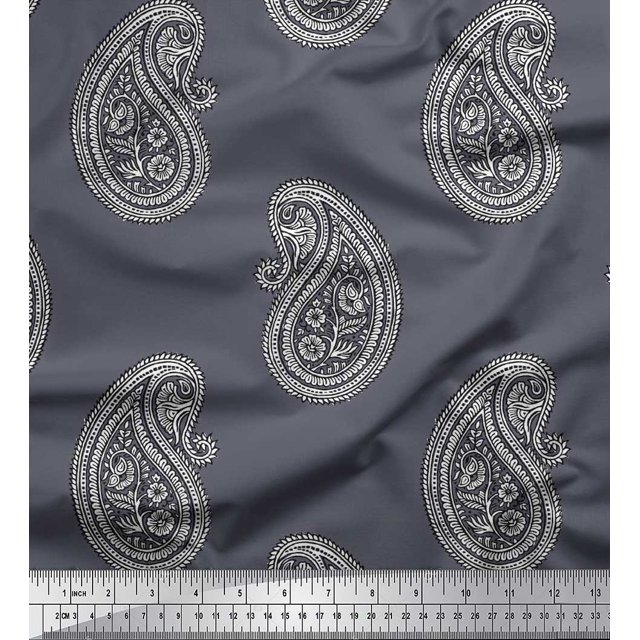 Soimoi Silk Fabric Paisley Block Printed Fabric 1 Yard 42 Inch Wide