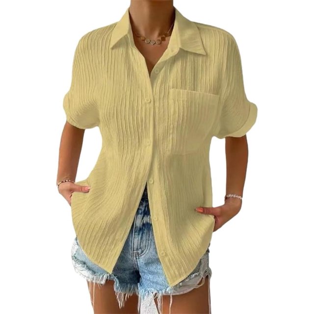 Chemise Décontractée à Col Rond en Dentelle pour Femmes, Été 2025 Couleur Unie Col à Revers Poche Épissée Manches Courtes Chemise Boutonnée