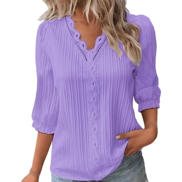Chbgutlmr Hauts pour Femmes à Manches 3/4, Tunique à Volants Patchwork à Encolure en V, Coupe Ajustée, Chemises Décontractées