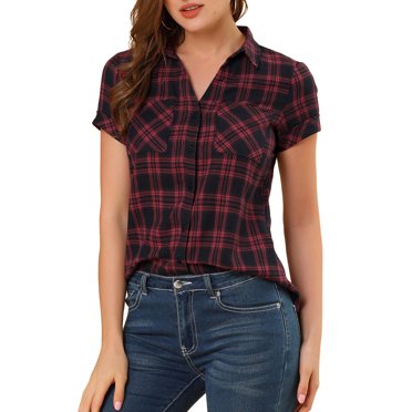 INSPIRE CHIC Chemise à Carreaux pour Femme en Coton Style Boyfriend à Boutons devant à Manches Courtes