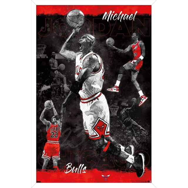 Michael Jordan - Sketch Wall Poster, 22.375" x 34" framed featuring multiple dynamic sketches of Michael Jordan in Chicago Bulls red and white jerseys performing basketball moves like dunking and shooting, set against a black and red background with bold text reading 'Michael Jordan' and 'Bulls'.