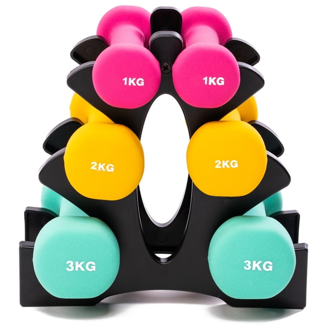PRISP Dumbbells Set with Rack, featuring 3 pairs of neoprene free weights in pink (1kg), yellow (2kg), and teal (3kg), displayed on a compact black stand. The dumbbells have a durable neoprene coating for a secure grip and flat edges to prevent rolling. The set includes an easy-to-assemble rack with a screwdriver for convenient storage and portability.