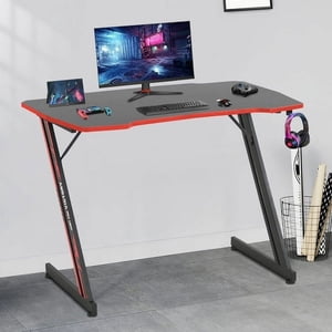 FDW Computer Desk Table, Computer Z Shaped, Headphone Hook Ergonomic Gamer Workstation, Red