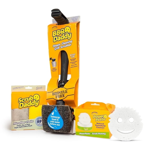 Scrub Daddy Household Cleaning Supplies - The Microfiber BBQ Bundle - Includes 2 Microfiber Towels, 1 Grill Brush & PowerPaste Cl