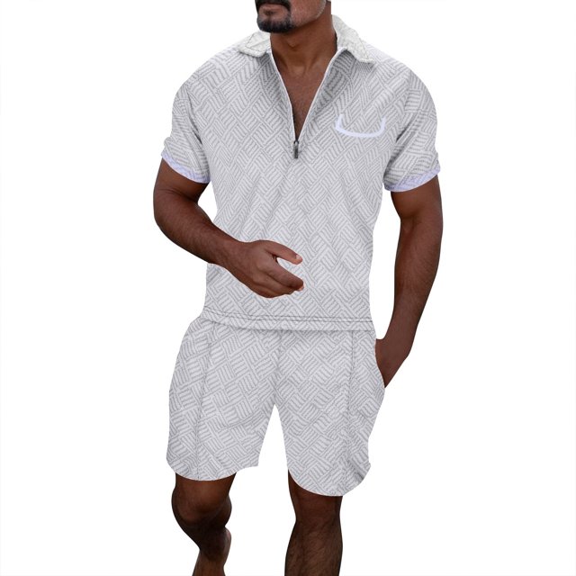 FhsagQ Men's Shirts Men Shirts Cotton Male Casual Striped Gradient Ramp Print Two Piece Suit Zipper Short Sleeve Top Blouse Suit Drawstring Pocket Short Set Shirts for Men Cotton Long White L