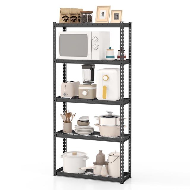 Patiojoy 5-Tier Shelving Rack, a black metal shelving unit designed for garage storage and organization. The rack features height adjustable shelves, a heavy-duty frame, and anti-slip foot pads. Shown fully assembled, it holds kitchen appliances, cookware, and decorative items. Flexible DIY design allows dividable configurations for versatile use.