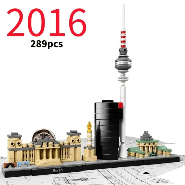 LEGP 2016-2022 Architecture Skylines Collectible Series Of Building Blocks Kit, showcasing a Berlin skyline model with landmarks like the Brandenburg Gate and Berlin TV Tower. This 289-piece set, made from ABS plastic, is CE-certified and suitable for ages 14 and up. The set is displayed on a blueprint-style background and does not include a box.