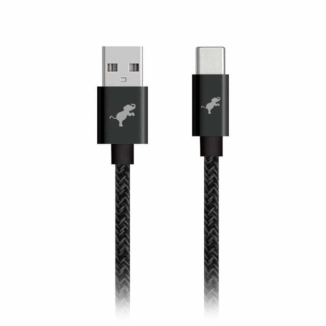 Nimble PowerKnit 1 meter USB-A to USB-C Black cable with braided recycled knit fabric and black recycled aluminum connectors featuring a dinosaur logo, designed for 15W fast charging and high-speed data transfer, tangle-resistant and tested for over 10,000 bends, suitable for powering Android devices and USB-C accessories.