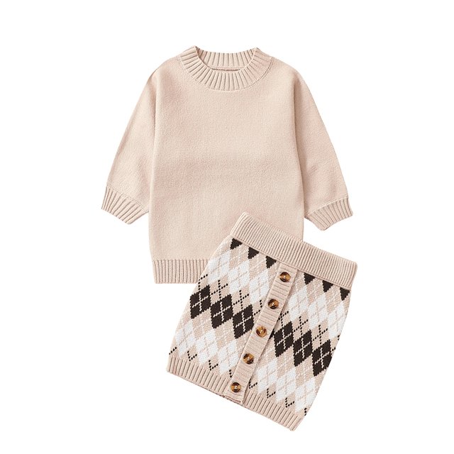 Gupgi Ensemble Jupe pour Fille 1-6 Ans, Chandail à Manches Longues Col Ras du Cou Jupe à Losanges Ensemble 2 Pcs Tenue d'Automne