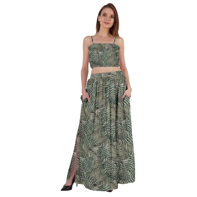 Bimba 2 Pcs Robe de Plage Aguichant pour Femmes Imprimée Smockée Crop Top & Longue Jupe Ensemble