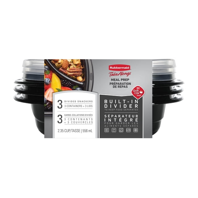 Rubbermaid TakeAlongs Divided Meal Prep Containers, 556 mL (2.35 Cup), Black, 3 Pack with clear lids stacked and nested, featuring built-in dividers to keep foods separated, QuikClik Seal lids for secure closure, suitable for meal prep, leftovers, and freezer storage in kitchen organization.