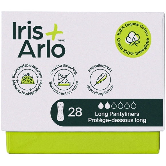 Iris + Arlo Organic Panty Liners, Long, 100% Cotton, Chemical-Free, Non-toxic, No plastic (28 Count)