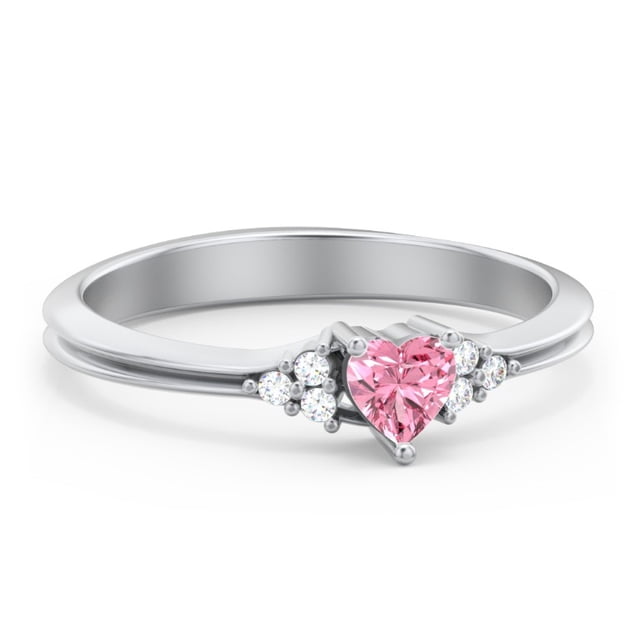 Birthstone Heart Ring with Shoulder Accents - Pink Tourmaline (October)