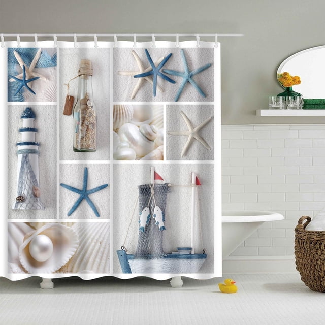 RXIRUCGD Beach Shower Curtain Seashell Beach Theme Starfish Shell Waterproof Fabric Bathroom