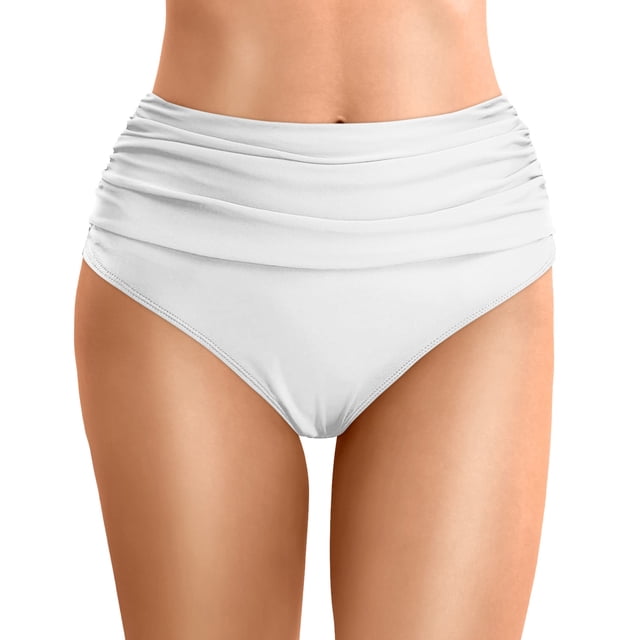 FYEGRE Women's High Waisted Bikini Bottom Tummy Control Ruched Bathing Suit Swim Bottom White M
