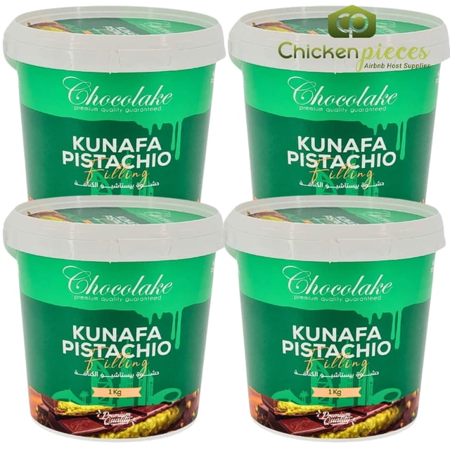Chocolake Kunafa Pistachio Dubai Chocolate Filling 1Kg, a set of four green-labeled tubs with white lids, each containing premium pistachio-flavored filling for desserts. The tubs display the Chocolake brand logo and product details prominently.