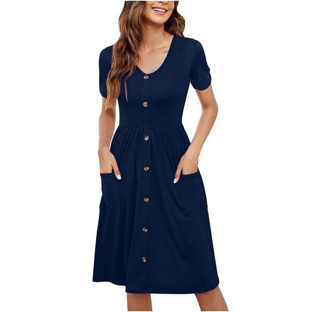 TopLLC Robe de Plage pour Femme Été à Manches Courtes Col en V Robe Débardeur Décontractée Boutonnée Taille Élastique Robes Évasées avec Poche