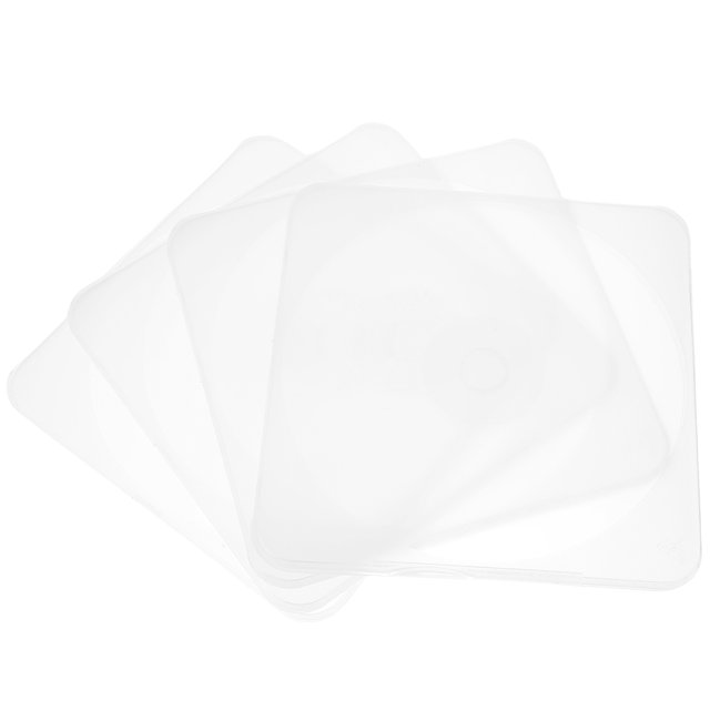 KAKOWELY 4pcs CD packing cases made of durable plastic, measuring 5.04 x 5.04 x 0.16 inches. The clear, lightweight design allows easy identification of stored CDs, DVDs, or game discs and protects them from scratches or collisions. Ideal for home, office, or travel use.
