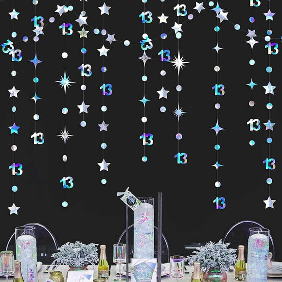 Iridescent 13th Birthday Decorations Holographic Number 13 Circle Polka Dot Twinkle Star Garland Hanging Streamer Banner Backdrop Girls 13 Year Old Birthday Thirteen Official Teenager Party Supplies