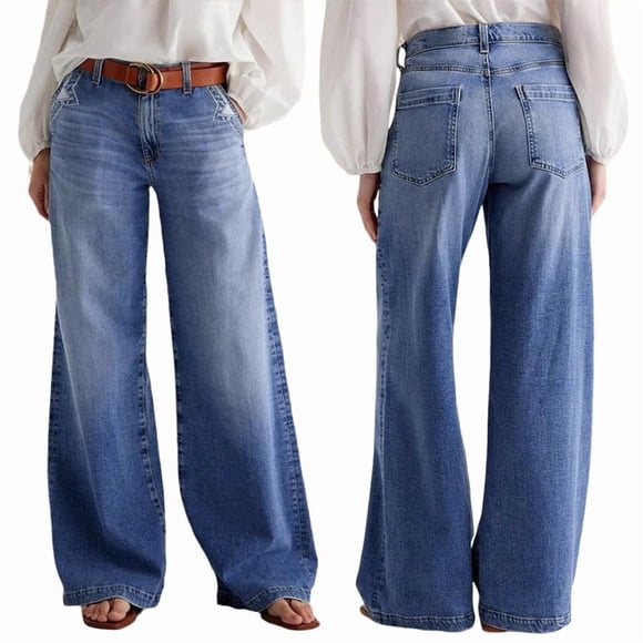 Wide Leg Jeans for Women Mid Waist Baggy Decor Denim Washed Pants Blue XXL