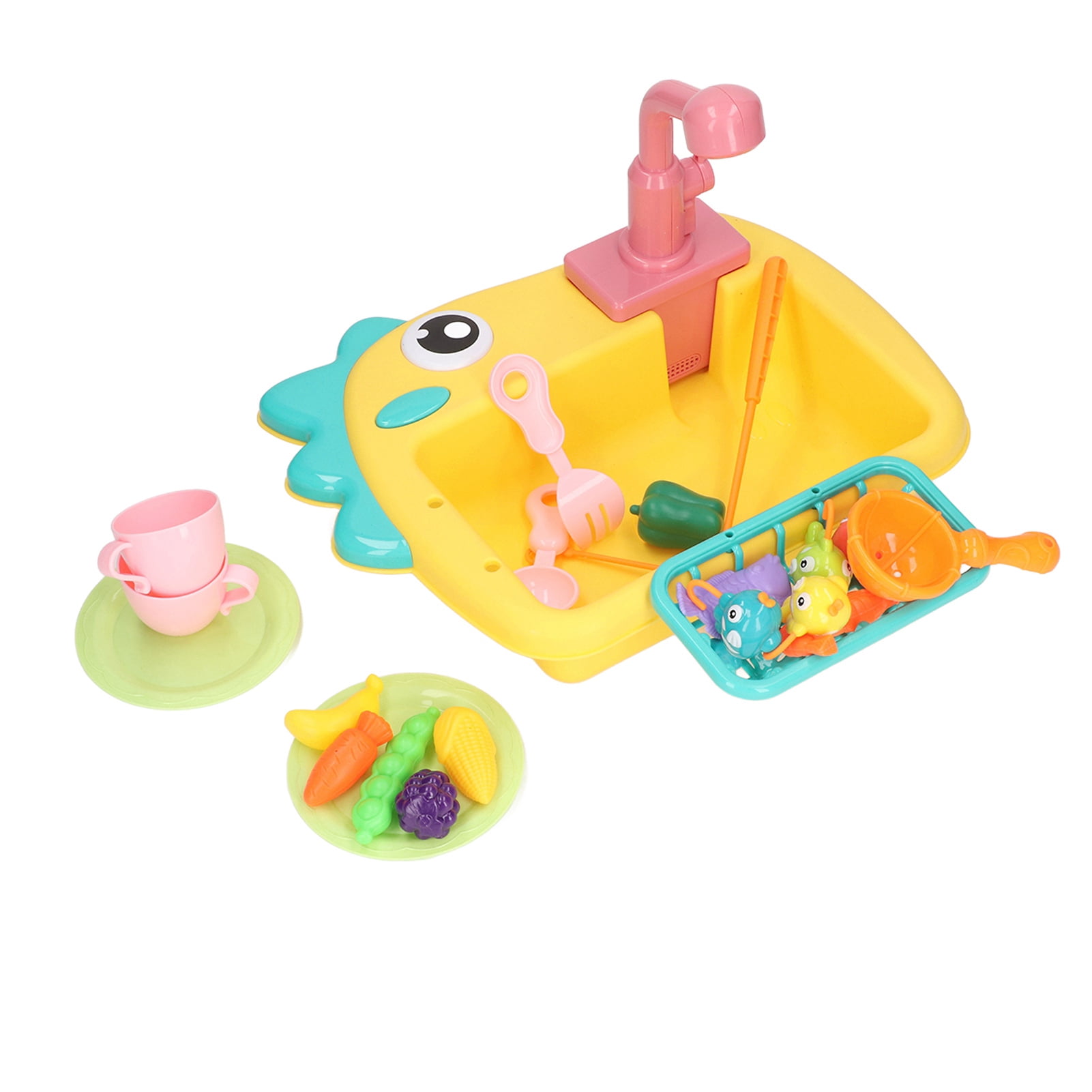 Play Kitchen Sink Toys, Running Water Fishing Game Dishwasher Playing Toys 2 in 1  Pretend  for Party for Boys Girls Yellow