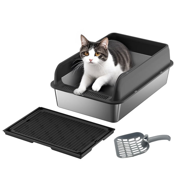 Stainless Steel Cat Litter Box with Lid Large Litter Box for Big Cats Non-Stick Stainless Steel Cat Boxes High Sides, Kitten Metal Boxes, Anti-Leakage, Easy to Clean