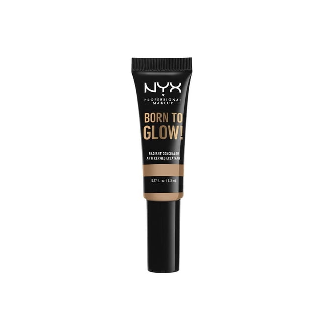 NYX Professional Makeup Born to Glow! Radiant Concealer 5.3 mL tube with black body and cap, beige text, and color band, designed for brightening eyes and covering blemishes, ideal for travel size makeup and quick application.