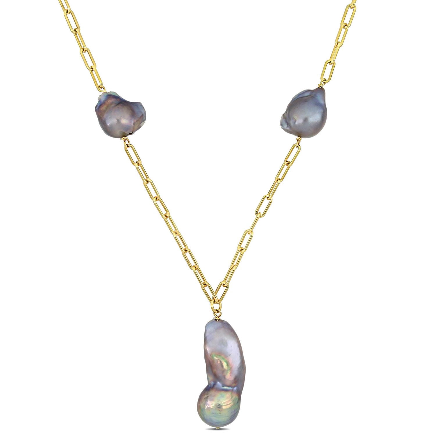 Miabella Grey Cultured Freshwater Pearl 18k Yellow Gold Paperclip Necklace, 20 in