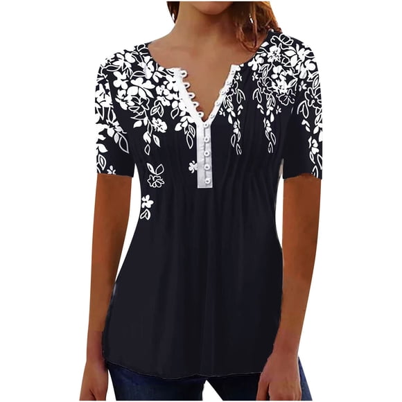 yoeyez Hauts d'Été pour Femme Boutons T-Shirts à Col en V Hauts Empire à Fleurs Tunique Plissée Chemise Manches Courtes T-Shirts Amples et Confortables Blouses Noir TG