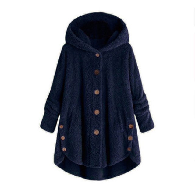 Womens Cardigan Plus Size Button Plush Tops Hooded Loose Cardigan Wool Coat Winter Jacket Navy Xl