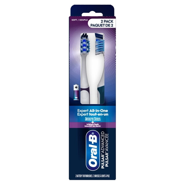 Oral-B Pulsar Advanced Expert All-In-One Toothbrush - Soft 2 Counts showing two white manual toothbrushes with soft blue and black bristles in retail packaging, designed for effective plaque removal and teeth whitening, ideal for adult oral care routines.