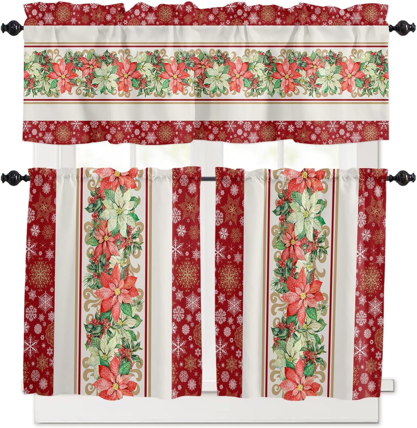 Ensemble de Rideaux et Cantonnières de Cuisine à Motif de Poinsettias Aquarelle de Noël, Traitements de Fenêtre d'Hiver de Noël Rouges, Panneaux à Étages Demi/courts pour Petites Fenêtres Café /salon/ Chambre 54x36 en Or Blanc