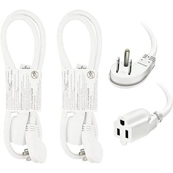 EP 2 Pack 3 Ft Flat Plug Extension Cord, 16 AWG 3 Prong Grounded White Low Profile Extension Cable for Indoor