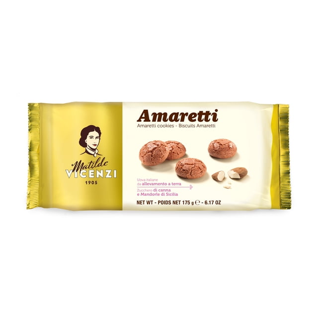 Vicenzi Amaretti Baked Cookies 175G package with golden yellow and cream colors, showing the Matilde Vicenzi brand logo and four round, cracked almond amaretti cookies alongside whole and halved almonds, labeled net weight 175 grams (6.17 oz), suitable as an authentic Italian snack or dessert addition.