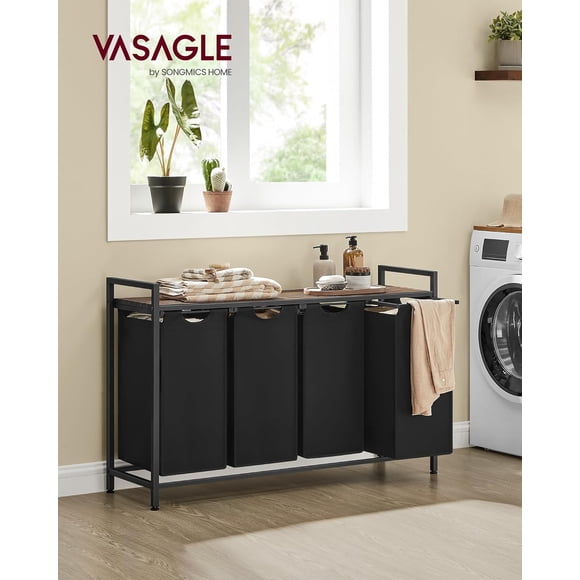 Laundry Hamper, Laundry Basket, Laundry Sorter with 4 Pull-Out and Removable Bags, Metal Frame, 4 x 10.6 Gallons (40L), Black and Brown