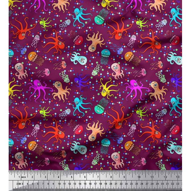 Soimoi Polyester Crepe Fabric Dot,Octopus & Jellyfish Ocean Print Sewing Fabric Yard 52 Inch Wide