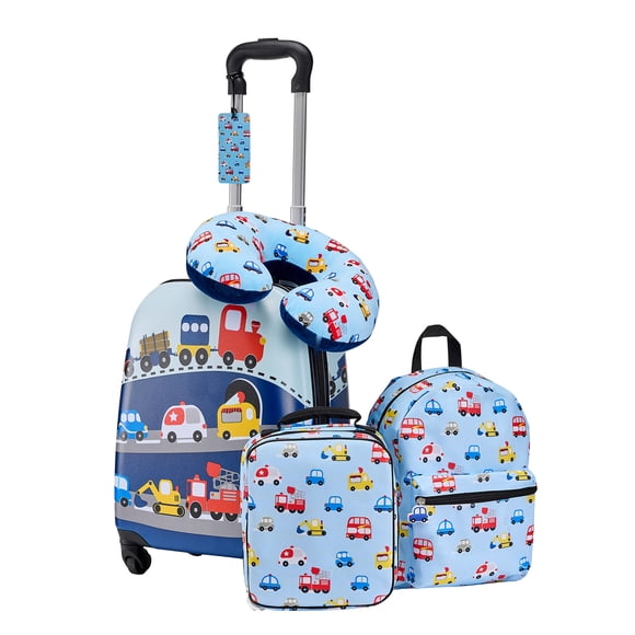KFFKFF Kids Luggage Set, 5 Piece, 18in Hardside Rolling Wheels Suitcase with Backpack & U-shape Pillow, Truck Kids Carry on Luggage Set