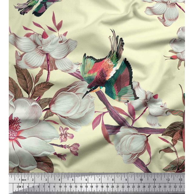 Soimoi Yellow polyester Crepe Fabric Floral & Bird Fabric Prints By Yard 52 Inch Wide