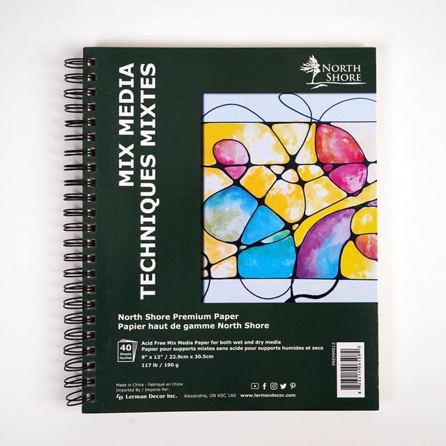 North Shore mix media paper 9"x12" spiral-bound pad with 40 heavyweight 190g acid-free sheets, featuring a dark green cover with white text and a colorful abstract stained-glass style artwork, suitable for wet and dry techniques including watercolor and gouache, often used for finished artwork.