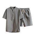 thumbnail image 1 of Two Piece Pants Sets Mens Two Piece Solid Cotton Linen Short Sleeve V Neck Tops and Shorts Set, 1 of 5