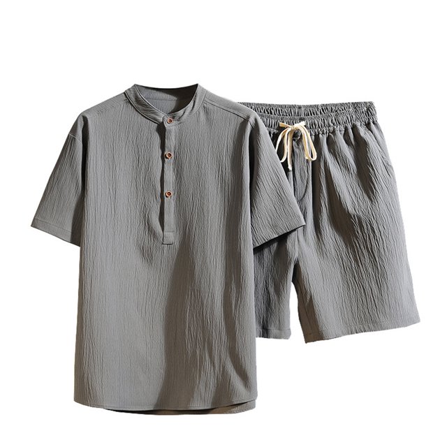 Two Piece Pants Sets Mens Two Piece Solid Cotton Linen Short Sleeve V Neck Tops and Shorts Set