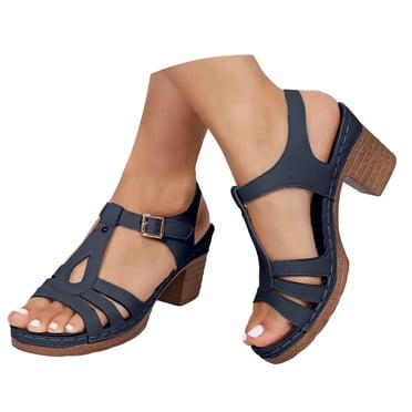 Dakaela Sandales Orthopédiques pour Femmes Soutien de Voûte Talon Épais Escarpins Été à Enfiler Chaussures Habillées Bleu 6.5