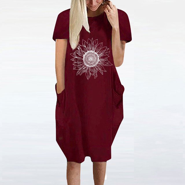Robe d'Été pour Femmes 2024 Mode Grande Taille Robe Décontractée Ample à Imprimé Tournesol Robe à Manches Courtes à Col en V Rabais de 50 % Liquidation!