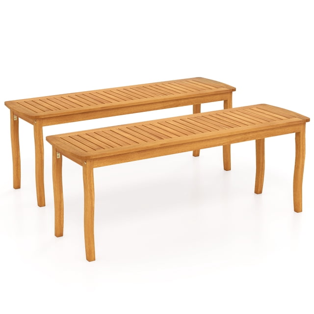 Gymax 2PCS 47'' Long Patio Dining Bench with slatted seat, backless design, and crafted from natural acacia wood. The benches feature a smooth, splinter-free surface, rounded corners for safety, and a spacious 47'' x 14'' seat suitable for two people. Ideal for outdoor or indoor use, such as patios, gardens, or entryways. Each bench measures 47'' x 14'' x 18'' and supports up to 800 lbs. The natural wood tone adds rustic charm, and regular wood oil application is recommended for maintenance.