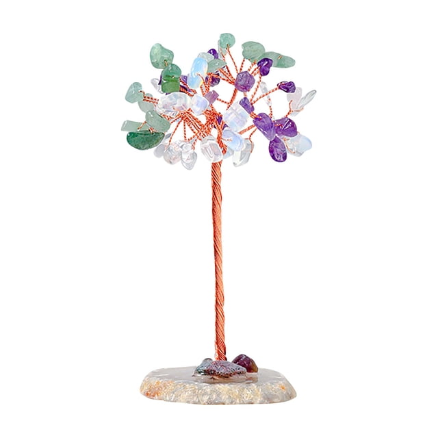 Crystal Tree for Positive Energy with a copper wire trunk and branches adorned with multicoloured gemstone leaves, set on a natural agate slice base. This feng shui money tree is ideal for chakra decor, meditation spaces, healing crystal displays, or as a decorative accent for home or office.